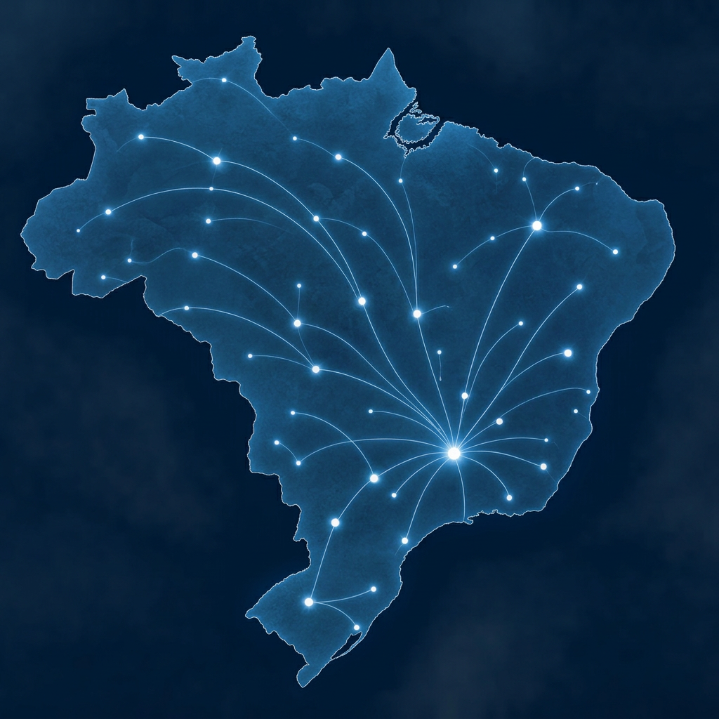 Mapa ilustrativo do Brasil com as 27 siglas estaduais como referências territoriais e conexões luminosas abstratas